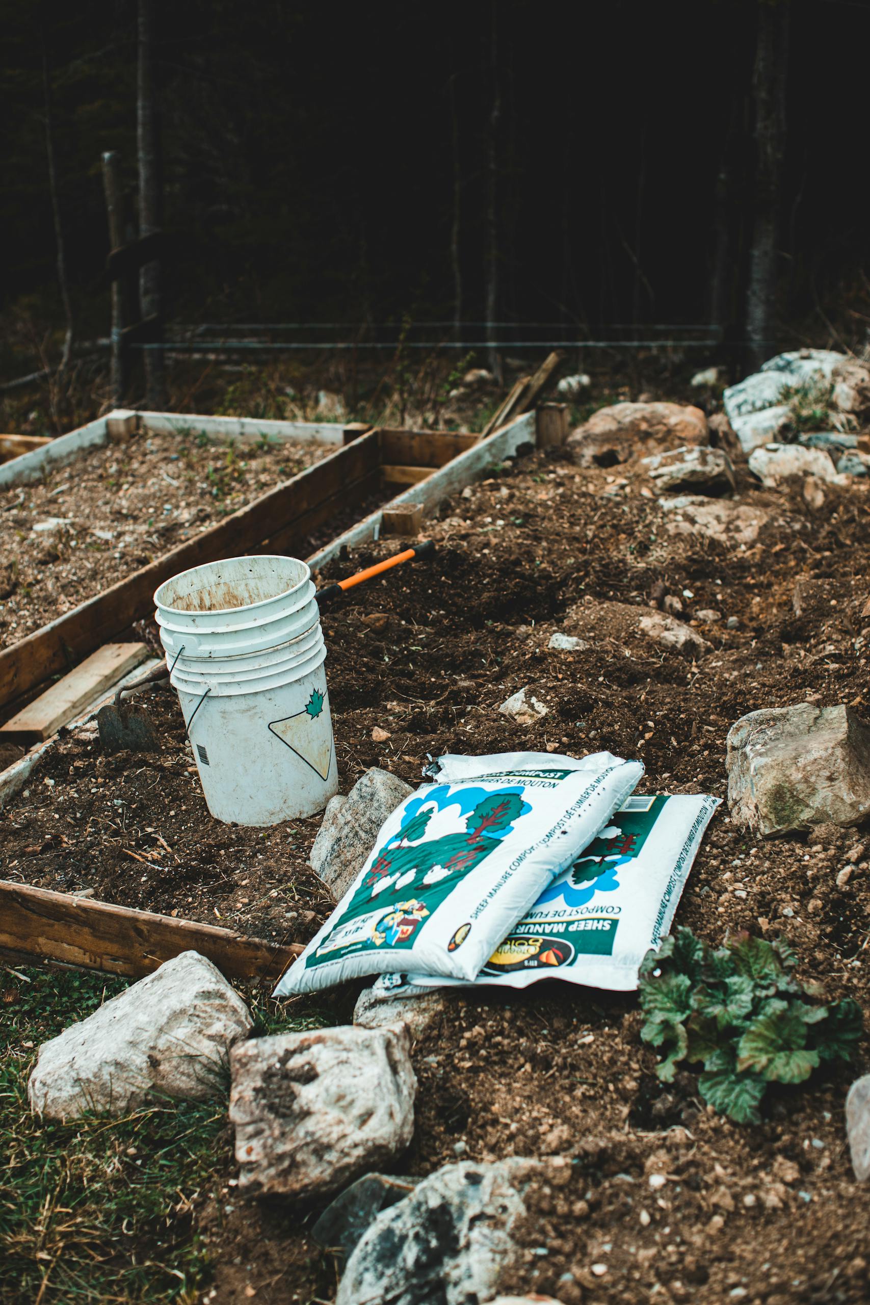 White bucket and gardening supplies on soil, perfect for outdoor gardening themes.